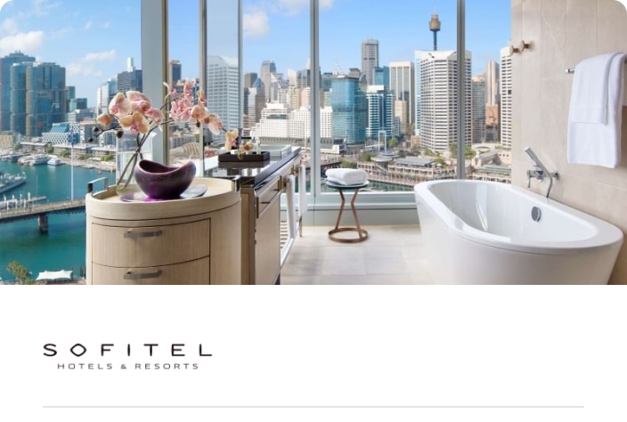 image of bathroom with a view at the Sofitel Sydney Darling Harbour