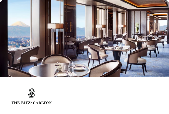 Image of a dining room at the Ritz-Carlton Tokyo with a view of Mt Fuji