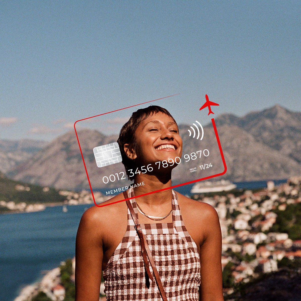 Woman smiling on holiday with Velocity credit card illustration