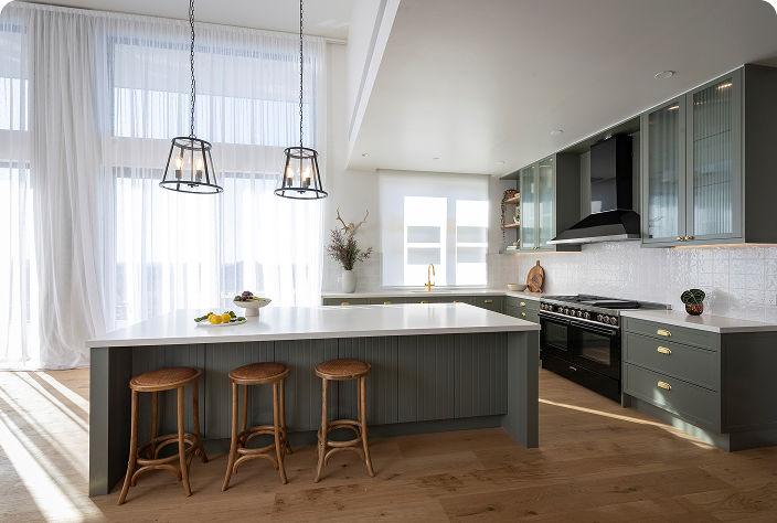 Image olive tone kitchen with stone benchtop by Freedom Kitchens and Wardrobes