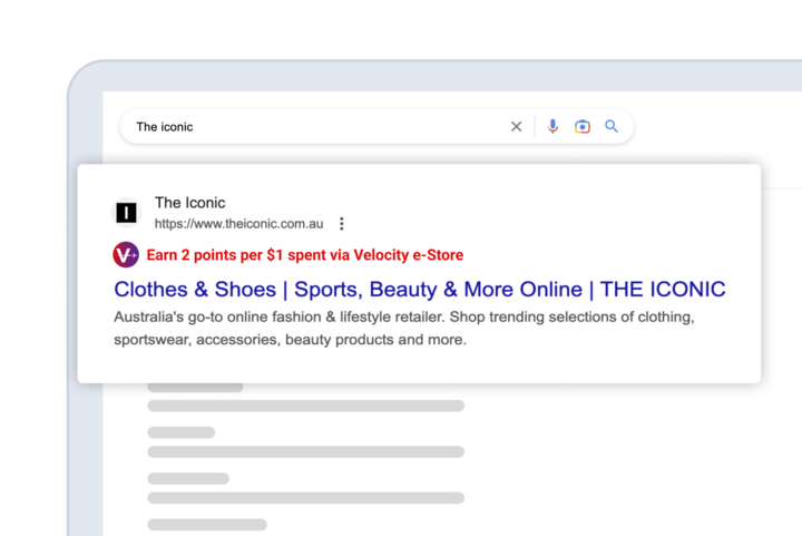 Screenshot of a Google Search Results page showing that the viewer can earn Velocity Points at an e-Store in the search reuslts 