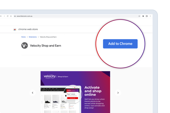Screenshot of a Chrome web browser showing the Velocity Shop & Earn extenstion installation on the Chrome Web Store